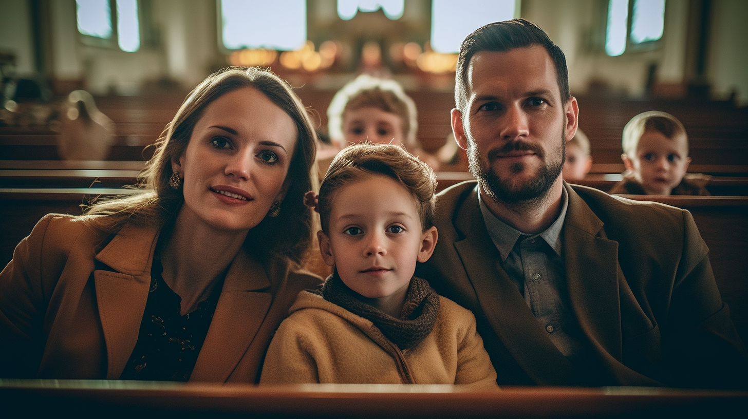 a frontal shot of a mother, a father, and their children sitting in a Christian church pew looking past the camera as if they are focused on the sermon. no contrast, sharp focus, cinematic photography,
